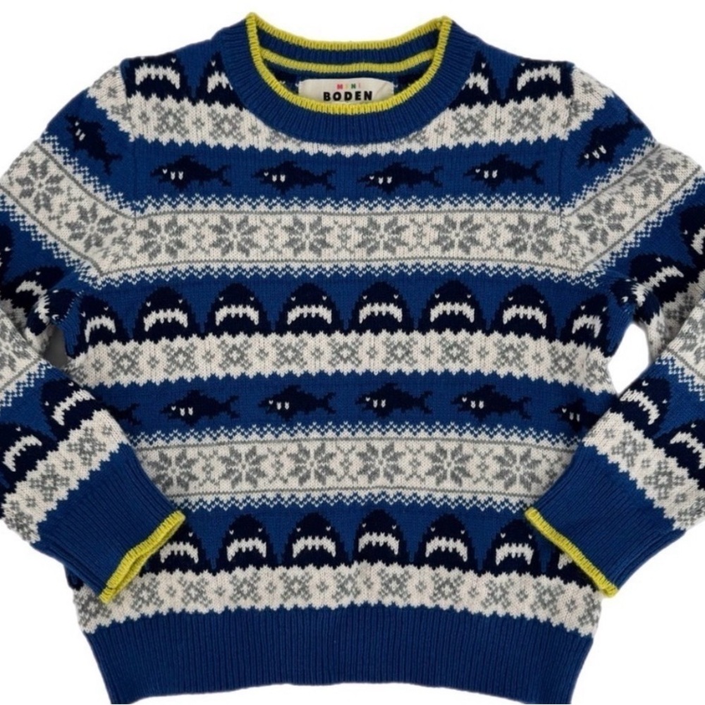 Mini Boden Blue and White Patterned Shark Crewneck Sweater